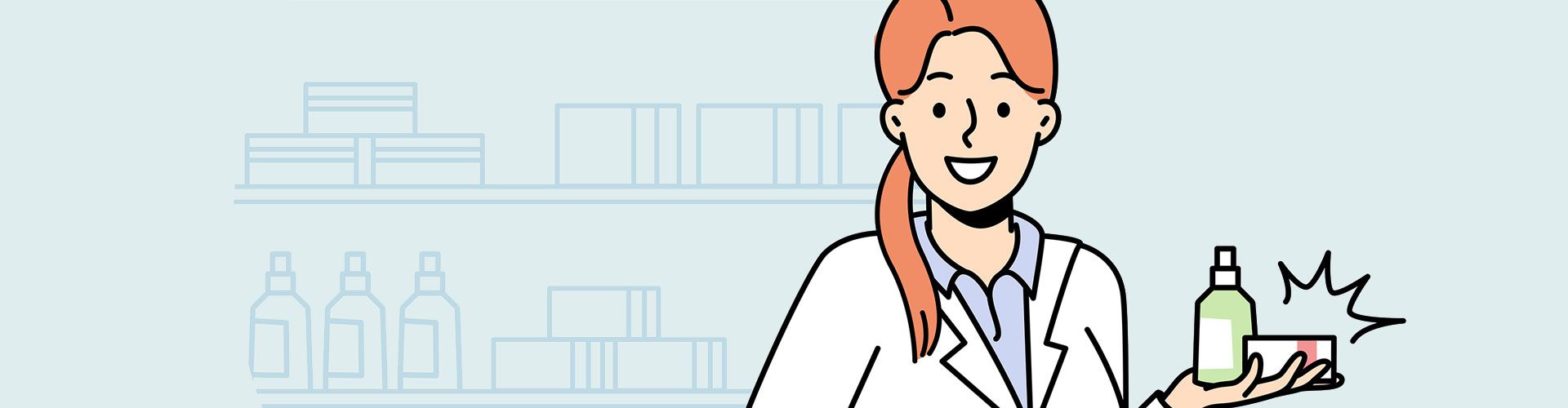 Abstrakte Zeichnung. Apothekerin mit Produkten in der Hand