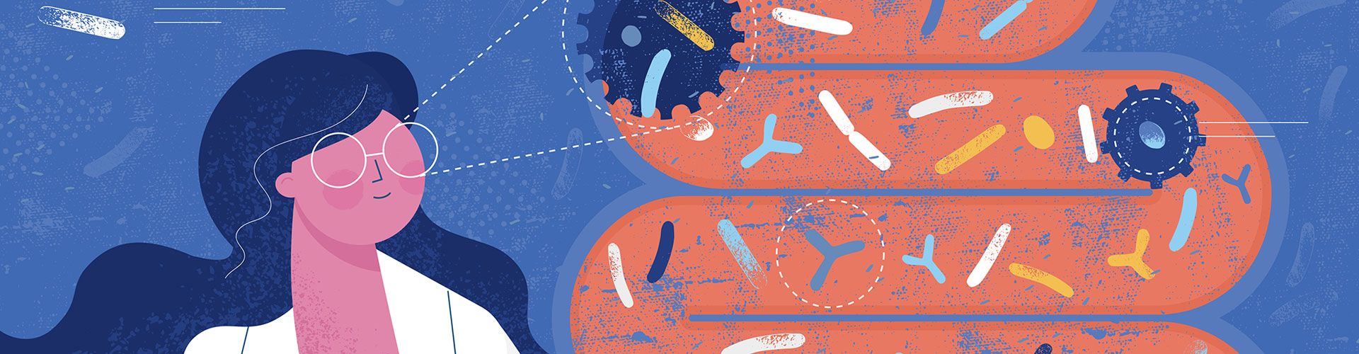 gemaltes, abstraktes Bild. Frau mit Brille richtet Blick auf abstrakte Darstellung vom Darm.