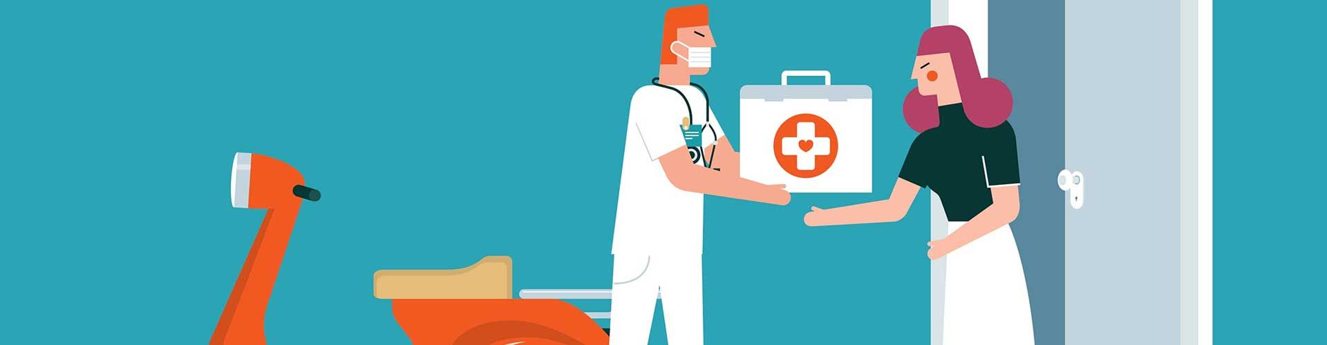 Zeichnung. Bote mit Motorroller liefert Medikamente an Haustür aus.